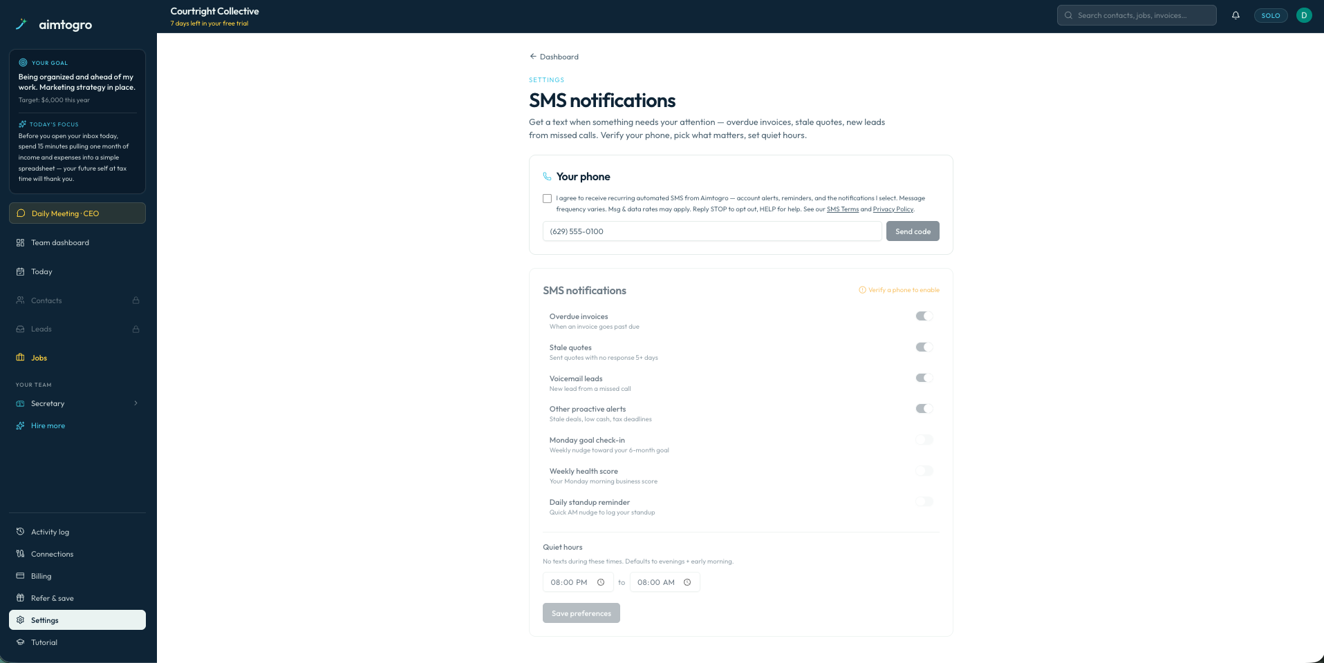 Belnoda Settings, Notifications: the mobile number field, the unchecked consent checkbox with its verbatim disclosure, and the Send code button.
